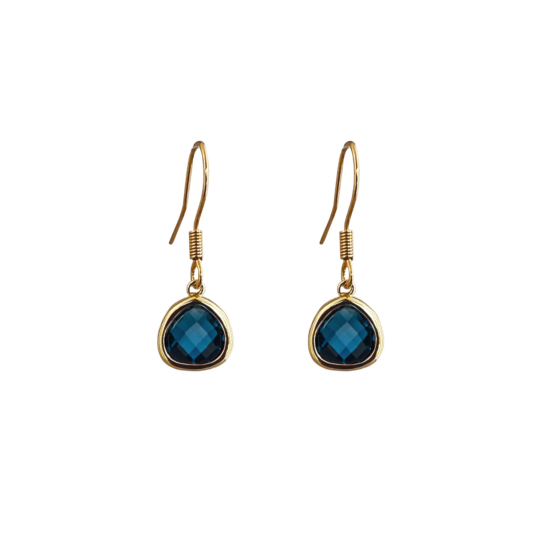 Gold pendant earrings with navy crystal drops 