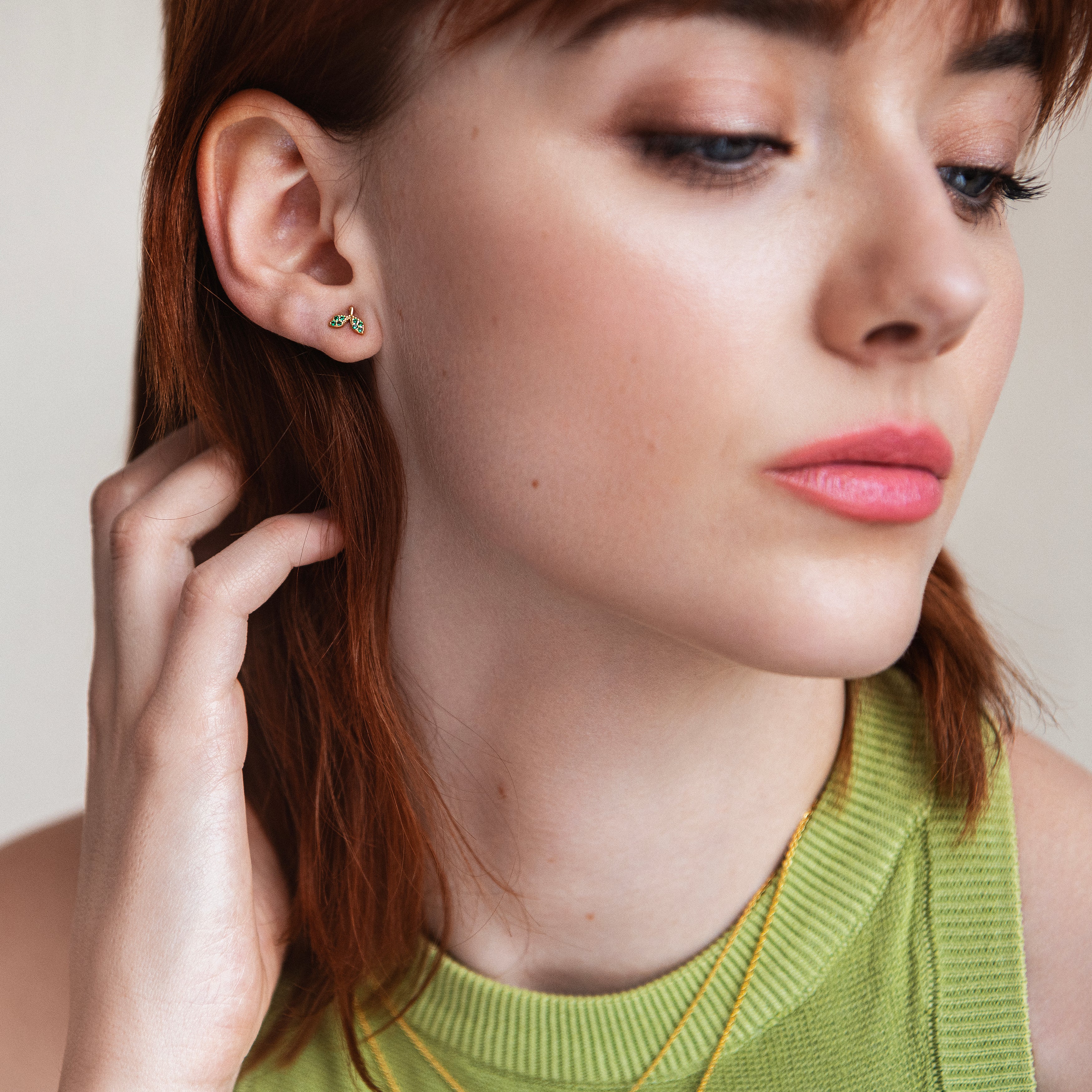 Gold and green dewy leaf studs